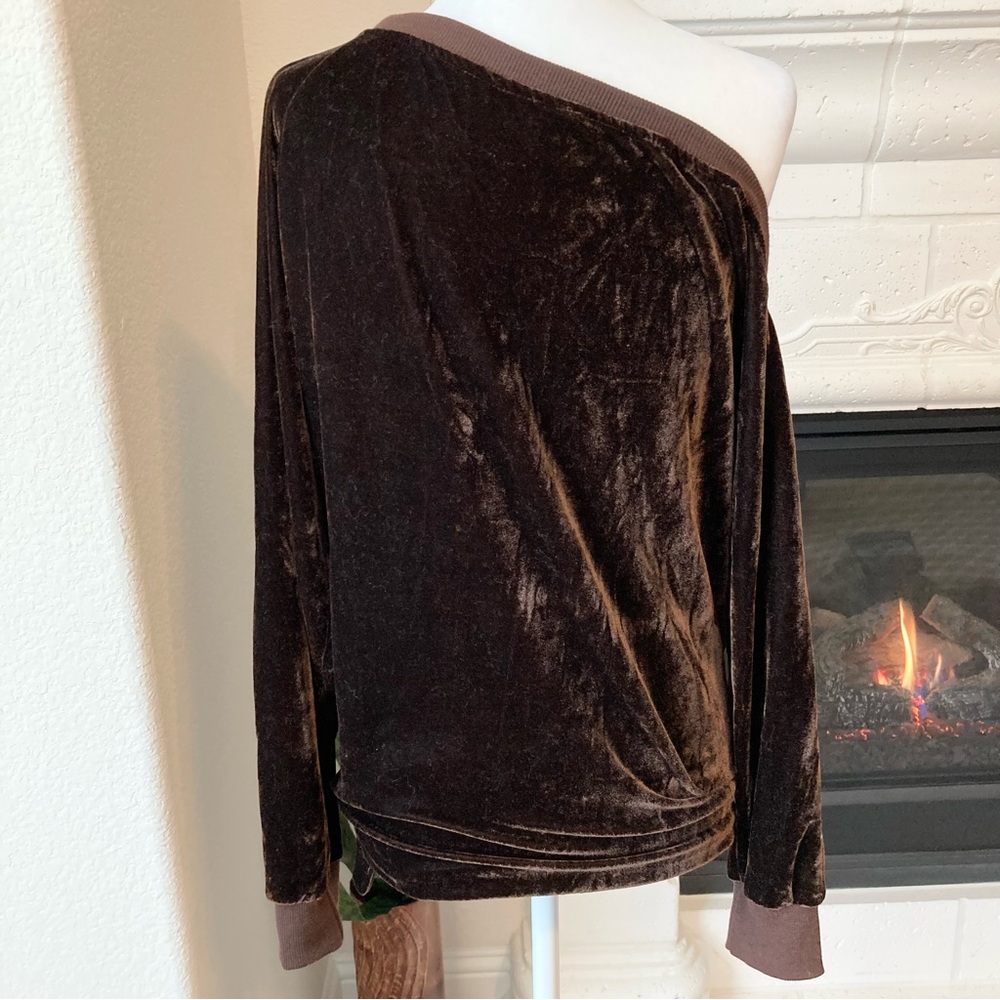 Chocolate Brown Velvet Off the Shoulder Long Sleeve Top Size Small - Picture 4 of 6